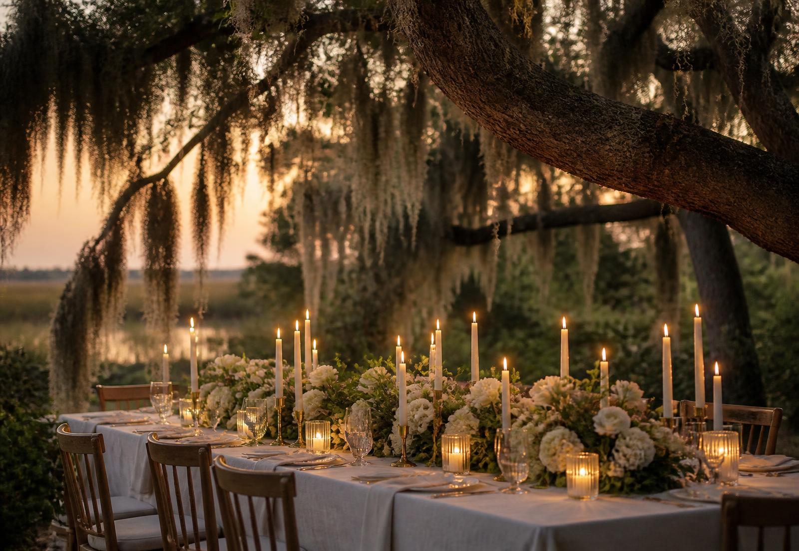 Candlelit wedding table beneath live oaks